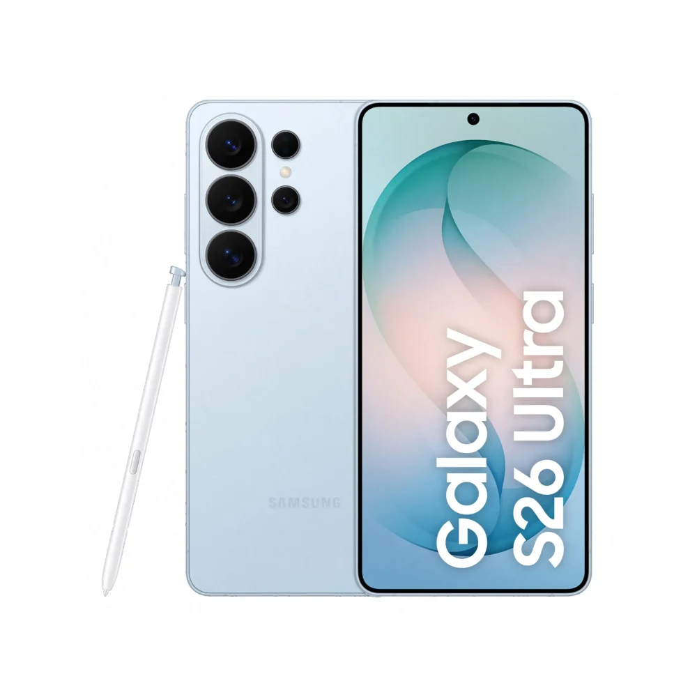 Samsung Galaxy S26 Ultra mobiltelefon i färgen Sky Blue, sedd framifrån och bakifrån.