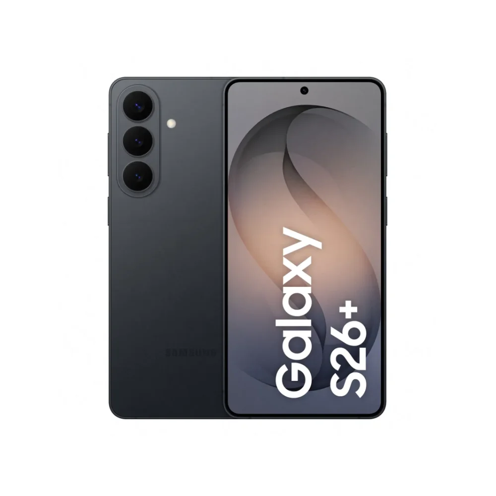Samsung Galaxy S26+ mobiltelefon i färgen black, sedd framifrån och bakifrån.