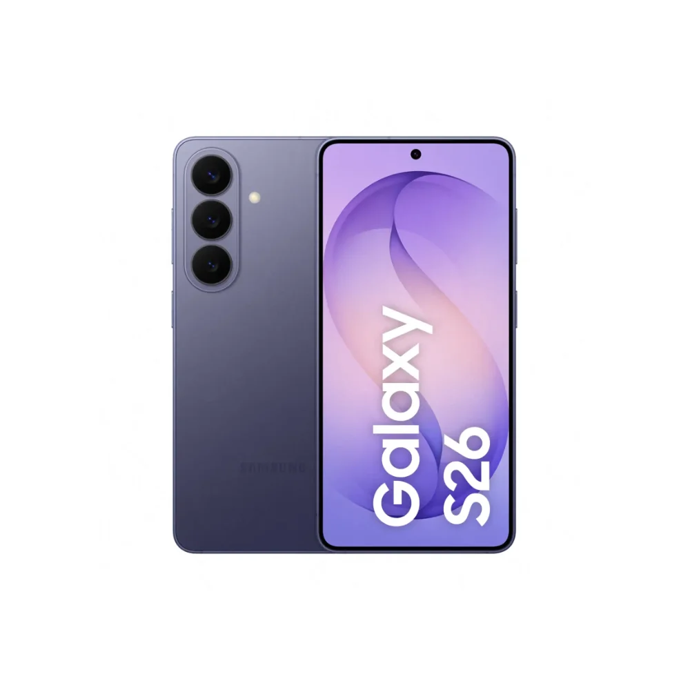 Samsung Galaxy S26 mobiltelefon i färgen violett, sedd framifrån och bakifrån.